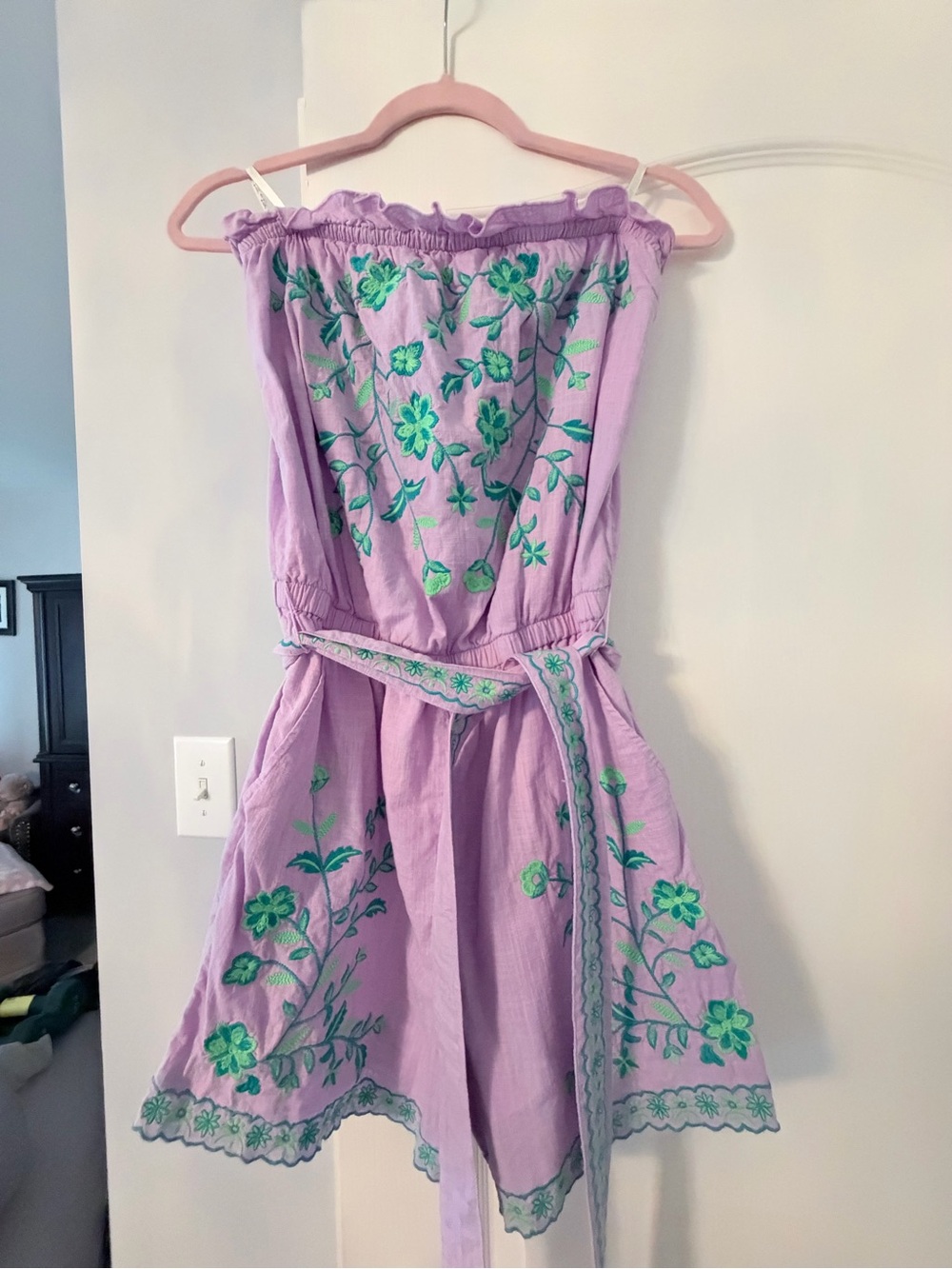 Lilly Pulitzer Lavender Strapless Embroidered Romper with Green Floral Accents